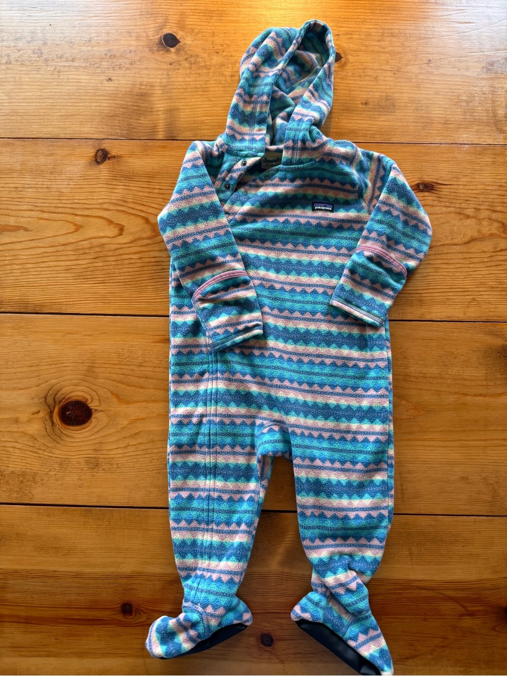 Patagonia Teal and Pink Striped Hooded Fleece One-Piece Footie Snowsuit